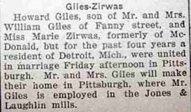 Marriage Notice for Howard GILES to Marie Zirwas, no date, in 9-17-1925 paper
