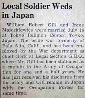 Marriage Notice for William Robert GILL to Irene Majorkiewice, 16 Jul 1947