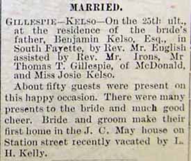 Marriage Notice for Thomas T. GILLESPIE to Josie Kelso, 25 May 1893