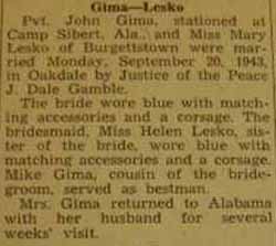 Marriage Notice for 
John GIMA to Mary Lesko, 20 Sep 1943