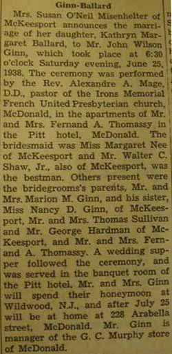 Marriage Notice for John Wilson GINN to Kathryn Margaret Ballard, 25 Jun 1938