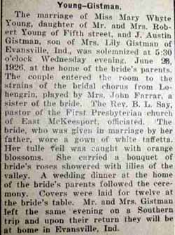 Marriage Notice for J. Austin GISTMAN to Mary Whyte Young, 28 Jun 1926