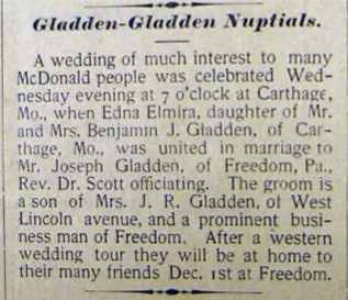 Joseph GLADDEN to Edna Elmira Gladden, no date, in 10-25-1902 Tues paper 
-wedding Nov. 19th? - perpetual calendar