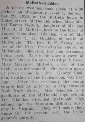 Marriage Notice for James Donaldson GLADDEN to Mabel Emma McBeth, 29 Sep 1926