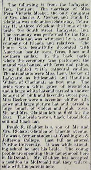 Marriage Notice for Frank R. GLADDEN to Fern Victoria MEEKER, Feb. 11, 1911