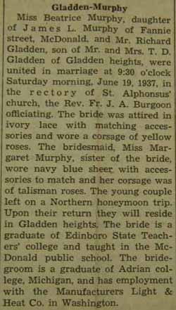 Marriage Notice for Richard GLADDEN to Beatrice Murphy, 19 Jun 1937