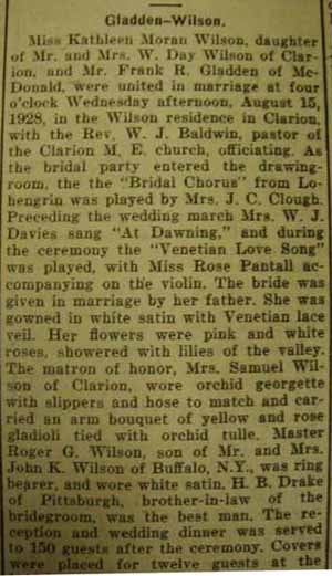 Article 2 Part 1 Marriage Notice for Frank R. GLADDEN to Kathleen Moran Wilson, 15 Aug 1928