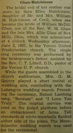 Part 1 Marriage Notice for William McDill GLASS to Sara Ellen Hutchinson, 2 Jun 1937
