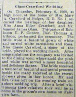 Marriage Notice of Samuel James GLASS to Anna Elder Crawford, 6 Feb 1908