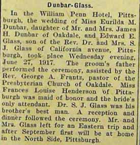 Marriage Notice for Edward E. GLASS to Eurilda M. Dunbar, 27 Jun 1917