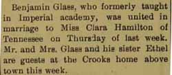 Marriage Notice for Benjamin GLASS to Clara Hamilton, no date, in 6-23-1905 paper