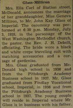 Marriage Notice for John Kay GLASS to Geneva Milliron, 3 Jul 1939