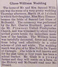 Marriage Notice for Samuel Lee GLASS to Mary Eleanor Willison, 19 Mar 1914