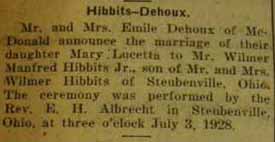 Marriage Notice Wilmer Manfred HIBBITS, Jr. to Mary Lucetta Dehoux, 3 Jul 1928