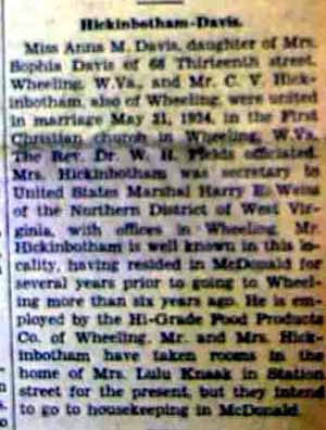 Marriage Notice for C. V. HICKINBOTHAM to Anna M. DAVIS, 31 May 1934
