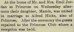 Marriage Notice for Alfred HICKS to Mamie Jordan, no date, in 10-6-1905 paper