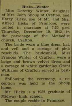 Marriage Notice for Harry HICKS to Dorothy Winter, 10 Dec 1942