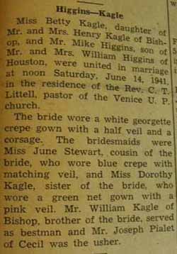 Marriage Notice for Mike HIGGINS to Betty Kagle, 14 June 1941