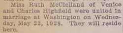 Marriage Notice for Charles HIGHFIELD to Ruth McClelland, 23 May 1928