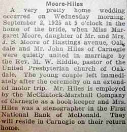 Marriage Notice for John HILES to Margaret Moore, 2 Sep 1925