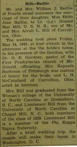 Marriage notice for Donald Mac HILL to Edith Jean Baillie, 14 May 1943