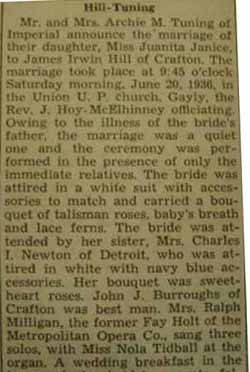 Part 1 Marriage Notice for James Irwin HILL to Juanita Janice Tuning, 20 Jun 1936