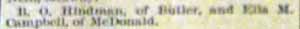 Marriage Notice for B. O. HINDMAN to Ella M. Campbell, no date in May 1894 paper