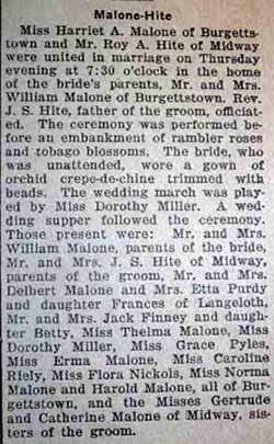 Marriage Notice for Roy A. HITE to Harriet A. Malone, no date, in 7-2-1925 paper