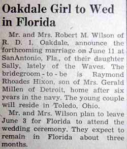 Marriage Notice for Raymond Rhoades HIXSON to Sally E. Wilson, 11 Jun 1947