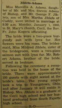 Marriage Notice for George F. JIBLETS to Marcella A. Adams, 1 Jan 1940