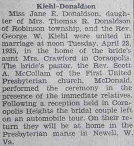 Marriage Notice for George W. KIEHL to Jane E. Donaldson, 23 Apr 1935