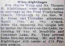 Marriage Notice for Thomas B. KIGHTLINGER to Mrs. Hattie Wiley, 31 Mar 1927