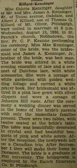 Marriage Notice for Albert J. KILLARD to Colette Kensinger, 12 Aug 1936