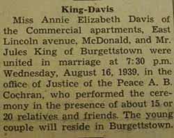 Marriage Notice for Jules KING to Annie Elizabeth Davis, 16 Aug 1939