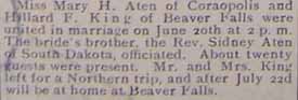 Wedding Notices for Hillard F. KING to Mary H. Aten, 20 Jun 1912