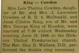 Part 1 Marriage Notice for Jesse Clinton KING to Lois Thelma Cowden, 19 Jun 1946