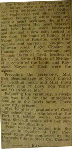 Part 2 Marriage Notice for James KING to Margaret June Davis, 22 Jun 1943