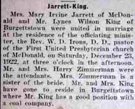 Marriage Notice for Lynes Wilson KING to Mrs. Mary Irvine Jarrett, 23 Dec 1922