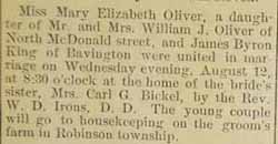 Marriage Notice for James Byron KING to Mary Elizabeth Oliver, 12 Aug 1914