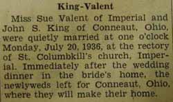 Marriage Notice for John S. KING to Sue Valent, 20 Jul 1936