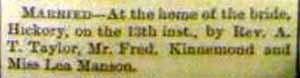 Marriage Notice for Fred KINNAMOND to Lea Manson, 13th, in 9-22-1894 paper