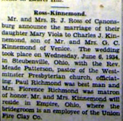 Wedding Announcement for Charles J. KINNAMOND to Mary Viola Ross, 6 Jun 1934