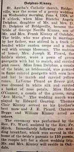 Marriage Notice for George Neville KINNEY to Blanche Angela Delphus, 4 Jun 1924