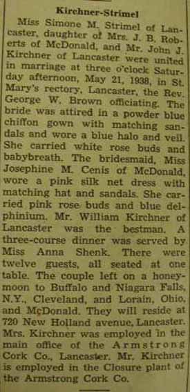 Marriage Notice for John J. KIRCHNER to Simone M. Strimel, 21 May 1938