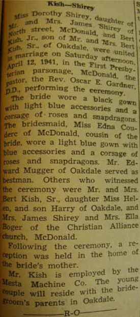 Marriage Notice for Bert KISH, Jr. to Dorothy Shirey, 12 Apr 1941