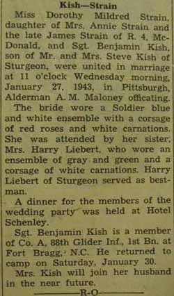Marriage notice for Benjamin KISH to Dorothy Mildred Strain, 27 Jan 1943