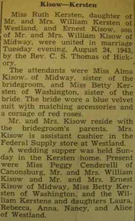 Marriage Notice for Ernest KISOW to Ruth Kersten, 24 Aug 1943