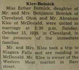 Marriage Notice for Abraham KLEE to Esther Botnick, 15 Oct 1939