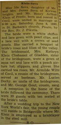Marriage Notice for Henry Arthur KLEIN to Ida Sova, 8 Jun 1940