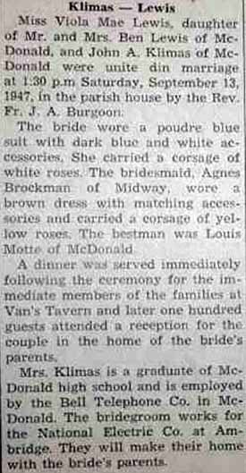 Marriage Notice for John A. KLIMAS to Viola Mae Lewis 13 Sep 1947